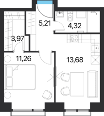 ЖК «Соседи 21/19», планировка 1-комнатной квартиры, 38.44 м²