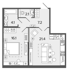 ЖК «Созидатели», планировка 1-комнатной квартиры, 50.90 м²