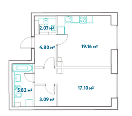 ЖК «LEVEL Barvikha Residence», планировка 1-комнатной квартиры, 52.20 м²
