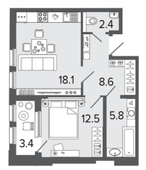 ЖК «Созидатели», планировка 1-комнатной квартиры, 47.40 м²