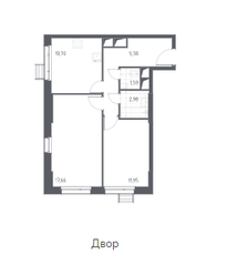 МФК «Спутник», планировка 2-комнатной квартиры, 54.35 м²