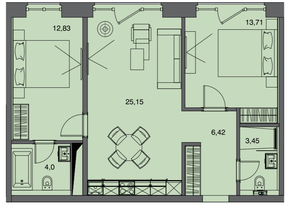 Апарт-отель Лофт-квартал «Docklands», планировка 2-комнатной квартиры, 65.60 м²