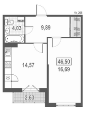 ЖК «Дом у Каретного», планировка 1-комнатной квартиры, 46.10 м²