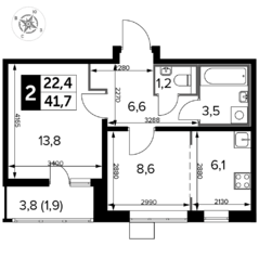 ЖК «Первый Лермонтовский», планировка 2-комнатной квартиры, 41.70 м²