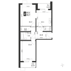 ЖК «Первый Лермонтовский», планировка 2-комнатной квартиры, 65.70 м²