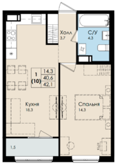 ЖК «Высший пилотаж 3», планировка 1-комнатной квартиры, 42.10 м²