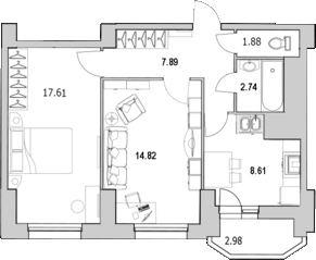 ЖК «Байрон», планировка 2-комнатной квартиры, 55.04 м²