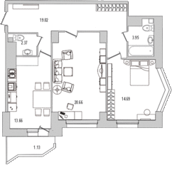 ЖК «Шекспир», планировка 2-комнатной квартиры, 75.38 м²