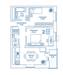 ЖК «Новоград Монино», планировка 2-комнатной квартиры, 63.61 м²