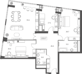 ЖК «Sky House», планировка 4-комнатной квартиры, 153.70 м²