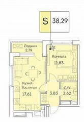 ЖК «Аквилон Beside», планировка 2-комнатной квартиры, 38.29 м²
