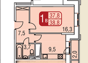 ЖК «Центральный» (Одинцово), планировка 1-комнатной квартиры, 38.50 м²