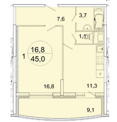 ЖК «Весна» (Ивантеевка), планировка 1-комнатной квартиры, 45.00 м²