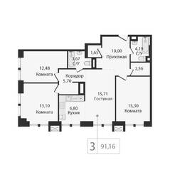 ЖК «Dream Towers», планировка 3-комнатной квартиры, 91.16 м²