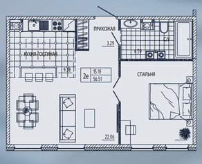 ЖК «Маленькая Франция», планировка 1-комнатной квартиры, 56.51 м²