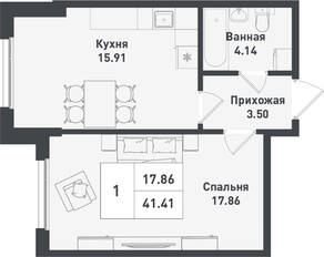 ЖК «Феникс», планировка 1-комнатной квартиры, 41.41 м²