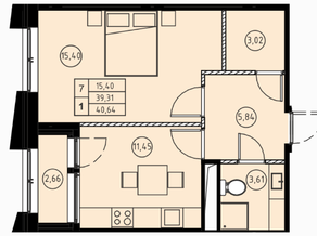 ЖК «31 квартал», планировка 1-комнатной квартиры, 40.64 м²