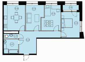 ЖК «31 квартал», планировка 3-комнатной квартиры, 79.46 м²