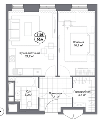МФК «Match Point», планировка 1-комнатной квартиры, 55.60 м²