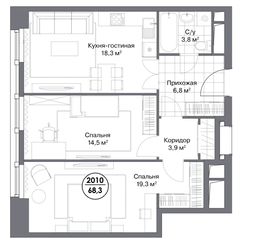 МФК «Match Point», планировка 2-комнатной квартиры, 68.30 м²