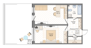ЖК «Мануфактура James Beck», планировка 1-комнатной квартиры, 63.87 м²