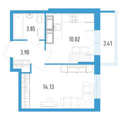 ЖК «Магеллан», планировка 1-комнатной квартиры, 32.92 м²