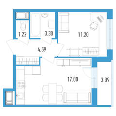 ЖК «Магеллан», планировка 1-комнатной квартиры, 38.85 м²