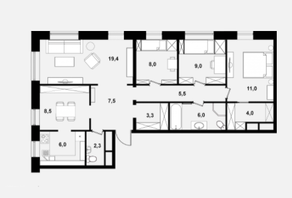 Апарт-отель «Клубный дом на Менжинского», планировка 4-комнатной квартиры, 90.50 м²
