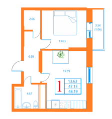 ЖК «Лесной квартал», планировка 1-комнатной квартиры, 48.19 м²