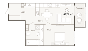 ЖК «Наследие», планировка 1-комнатной квартиры, 47.51 м²