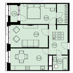ЖК «Жилой дом в Ивантеевке», планировка 2-комнатной квартиры, 61.20 м²