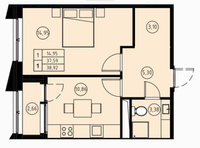 ЖК «31 квартал», планировка 1-комнатной квартиры, 38.95 м²
