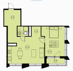 ЖК «31 квартал», планировка 2-комнатной квартиры, 57.64 м²