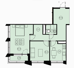 ЖК «31 квартал», планировка 2-комнатной квартиры, 56.86 м²