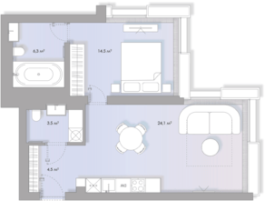 МФК «Lumin», планировка 1-комнатной квартиры, 52.80 м²