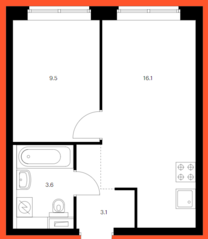ЖК «Кавказский бульвар 51», планировка 1-комнатной квартиры, 32.30 м²