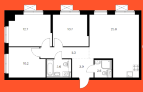 ЖК «Кавказский бульвар 51», планировка 3-комнатной квартиры, 74.80 м²