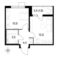 ЖК «1-й Ленинградский», планировка 1-комнатной квартиры, 34.30 м²