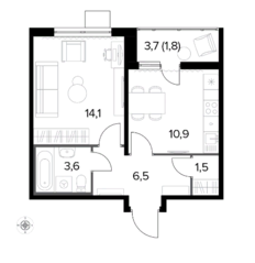 ЖК «1-й Ленинградский», планировка 1-комнатной квартиры, 38.40 м²