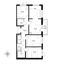 ЖК «1-й Ленинградский», планировка 4-комнатной квартиры, 85.20 м²