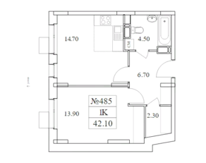ЖК «Облака-2», планировка 1-комнатной квартиры, 42.10 м²
