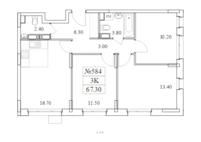 ЖК «Облака-2», планировка 3-комнатной квартиры, 67.30 м²