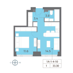 ЖК «Wave», планировка 1-комнатной квартиры, 33.30 м²