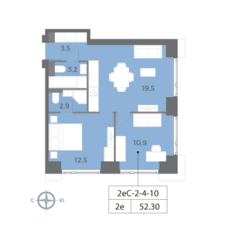 ЖК «Wave», планировка 2-комнатной квартиры, 52.30 м²