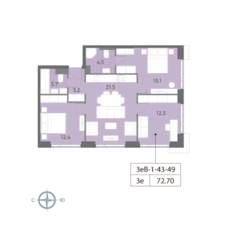 ЖК «Wave», планировка 3-комнатной квартиры, 72.80 м²