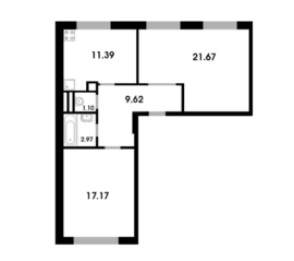 МЖК «Одинцовские кварталы», планировка 2-комнатной квартиры, 63.89 м²
