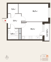 ЖК Миниполис «Восемь кленов», планировка 1-комнатной квартиры, 42.40 м²