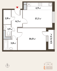 ЖК Миниполис «Восемь кленов», планировка 2-комнатной квартиры, 50.50 м²