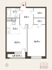 ЖК Миниполис «Восемь кленов», планировка 2-комнатной квартиры, 51.80 м²