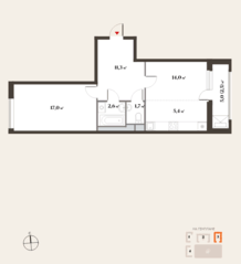 ЖК Миниполис «Восемь кленов», планировка 2-комнатной квартиры, 54.50 м²